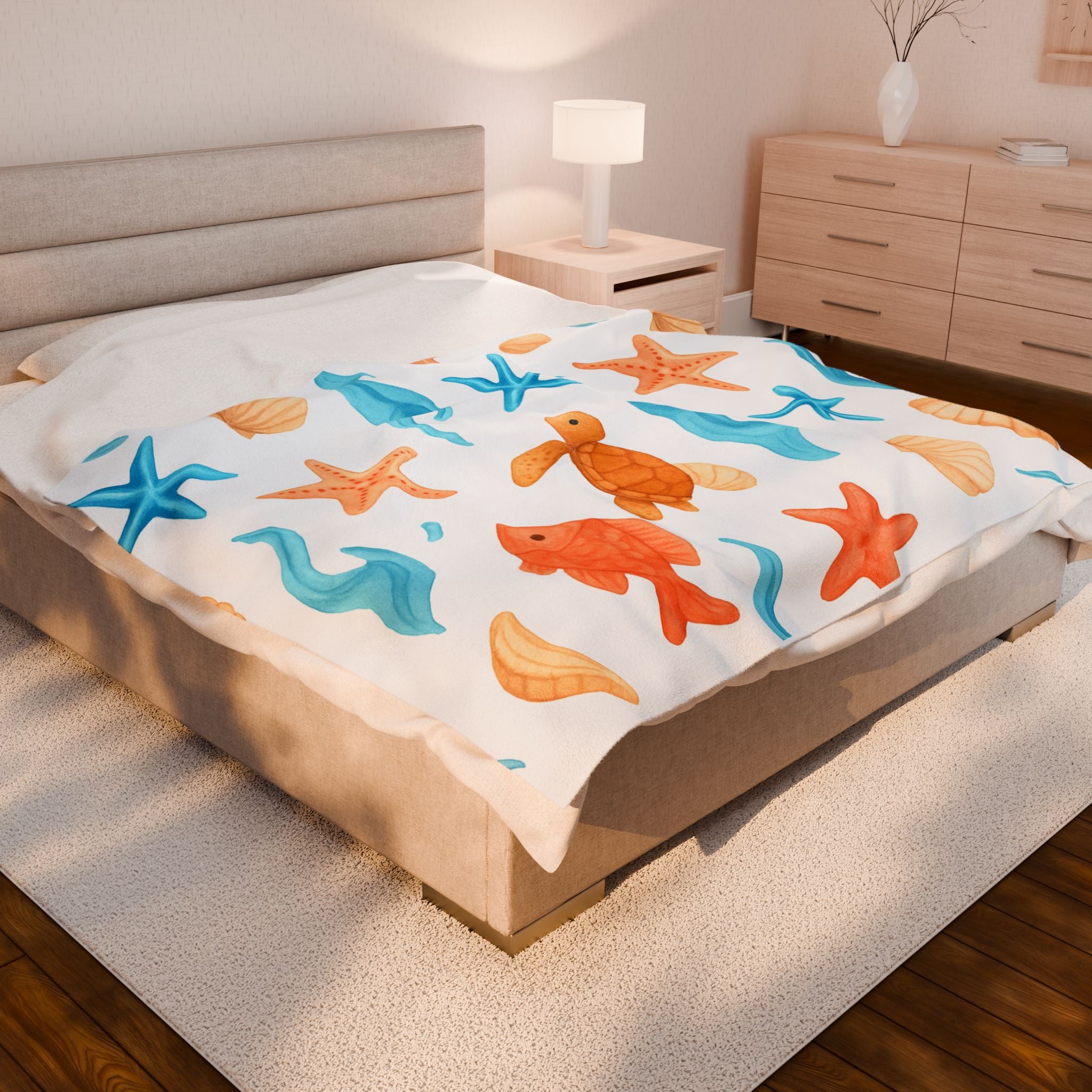 Beach Themed Velveteen Plush Blanket, Cozy Throw Blanket, Soft Home Decor, Summer Gift, Kids Beach Blanket, Nautical Blanket
