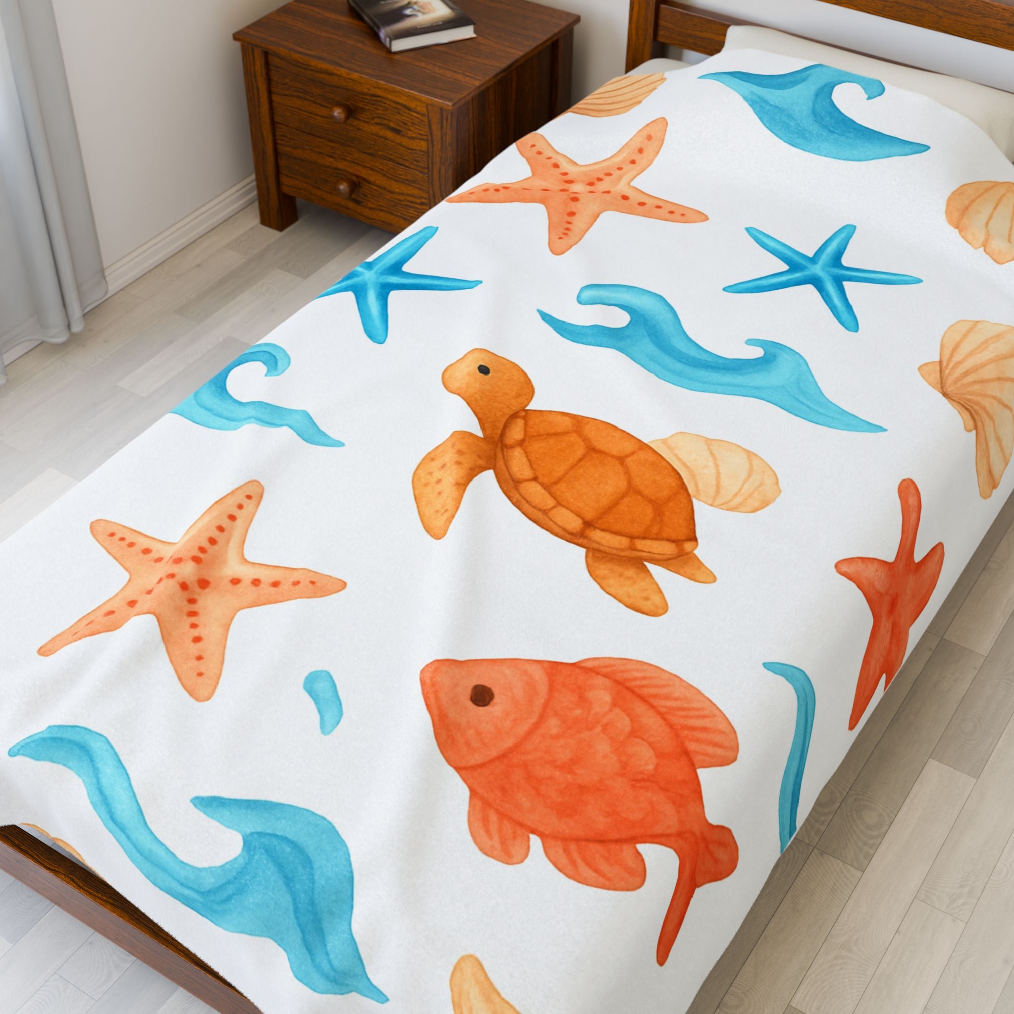 Beach Themed Velveteen Plush Blanket, Cozy Throw Blanket, Soft Home Decor, Summer Gift, Kids Beach Blanket, Nautical Blanket