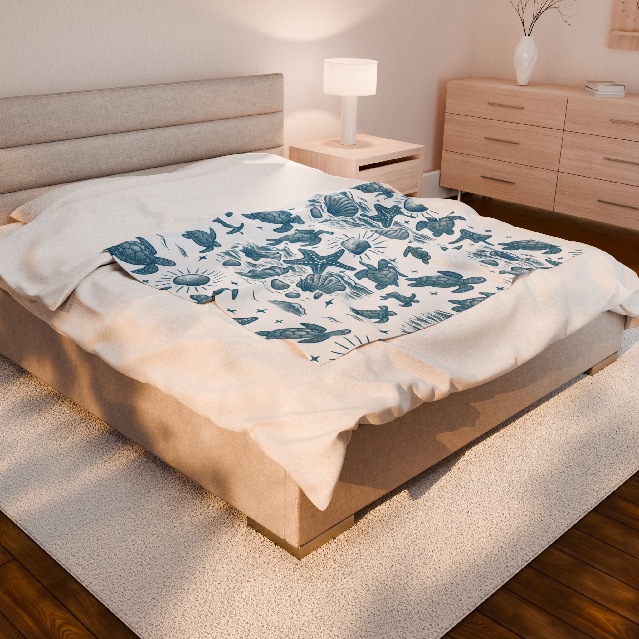 Cozy Coastal Velveteen Plush Blanket, Nautical Throw, Beach Decor, Ocean Vibe Gift, Turtle and Starfish Pattern