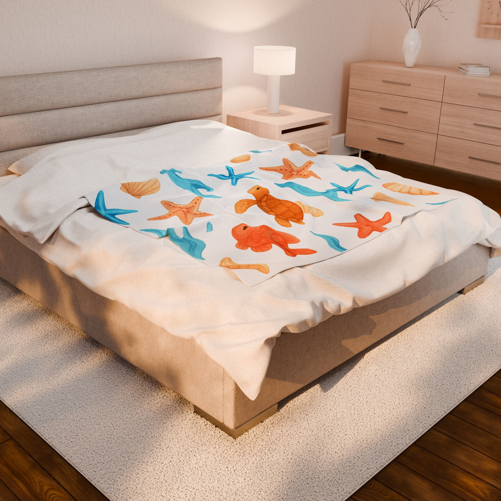 Beach Themed Velveteen Plush Blanket, Cozy Throw Blanket, Soft Home Decor, Summer Gift, Kids Beach Blanket, Nautical Blanket