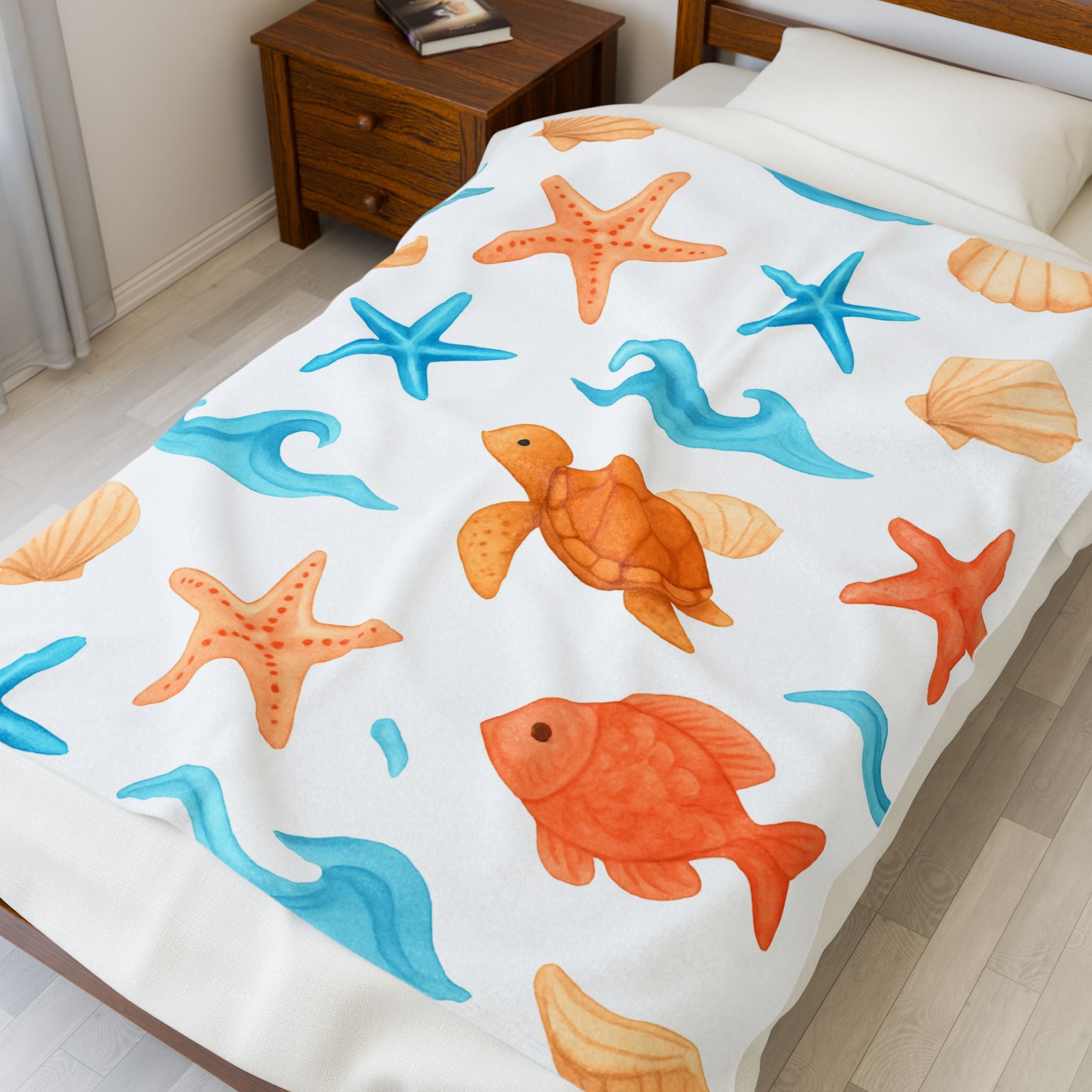 Beach Themed Velveteen Plush Blanket, Cozy Throw Blanket, Soft Home Decor, Summer Gift, Kids Beach Blanket, Nautical Blanket