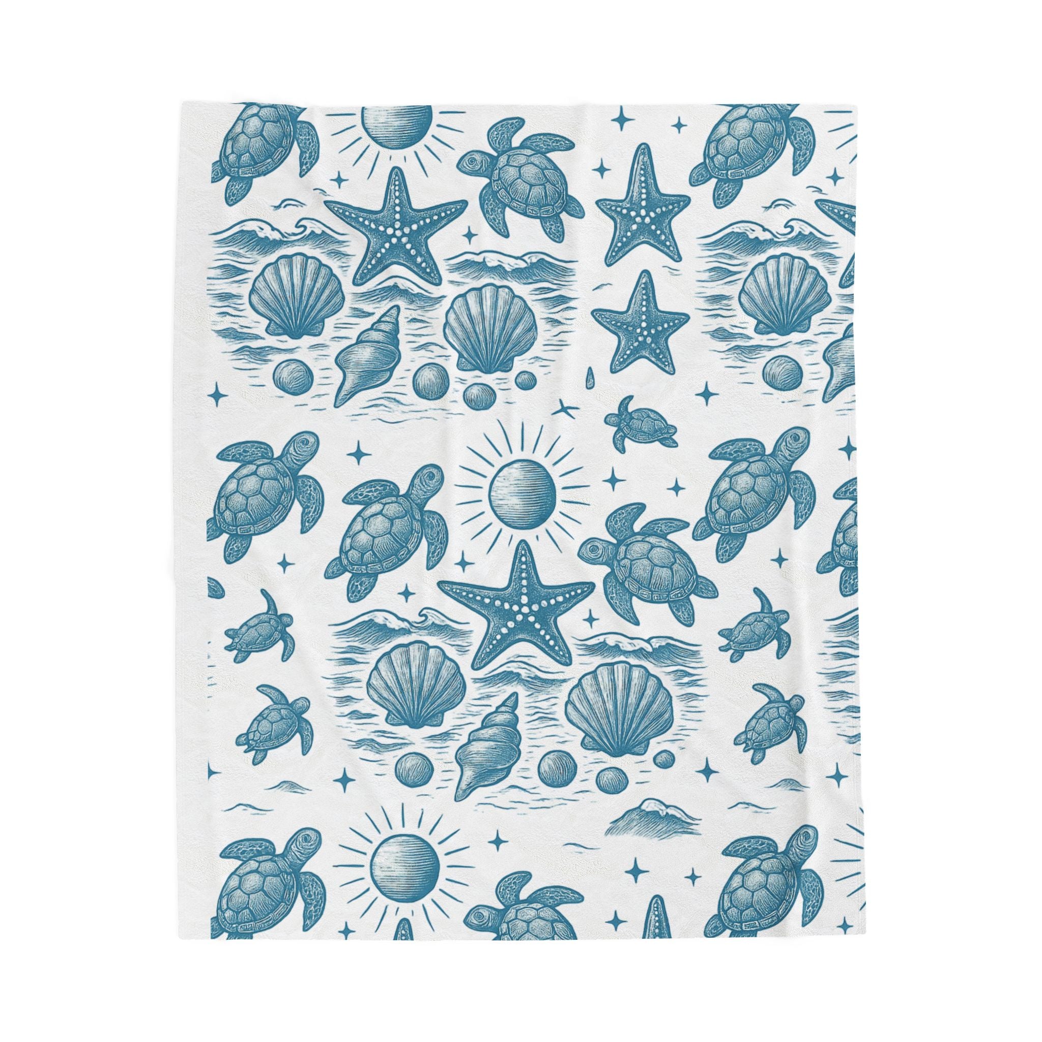 Cozy Coastal Velveteen Plush Blanket, Nautical Throw, Beach Decor, Ocean Vibe Gift, Turtle and Starfish Pattern