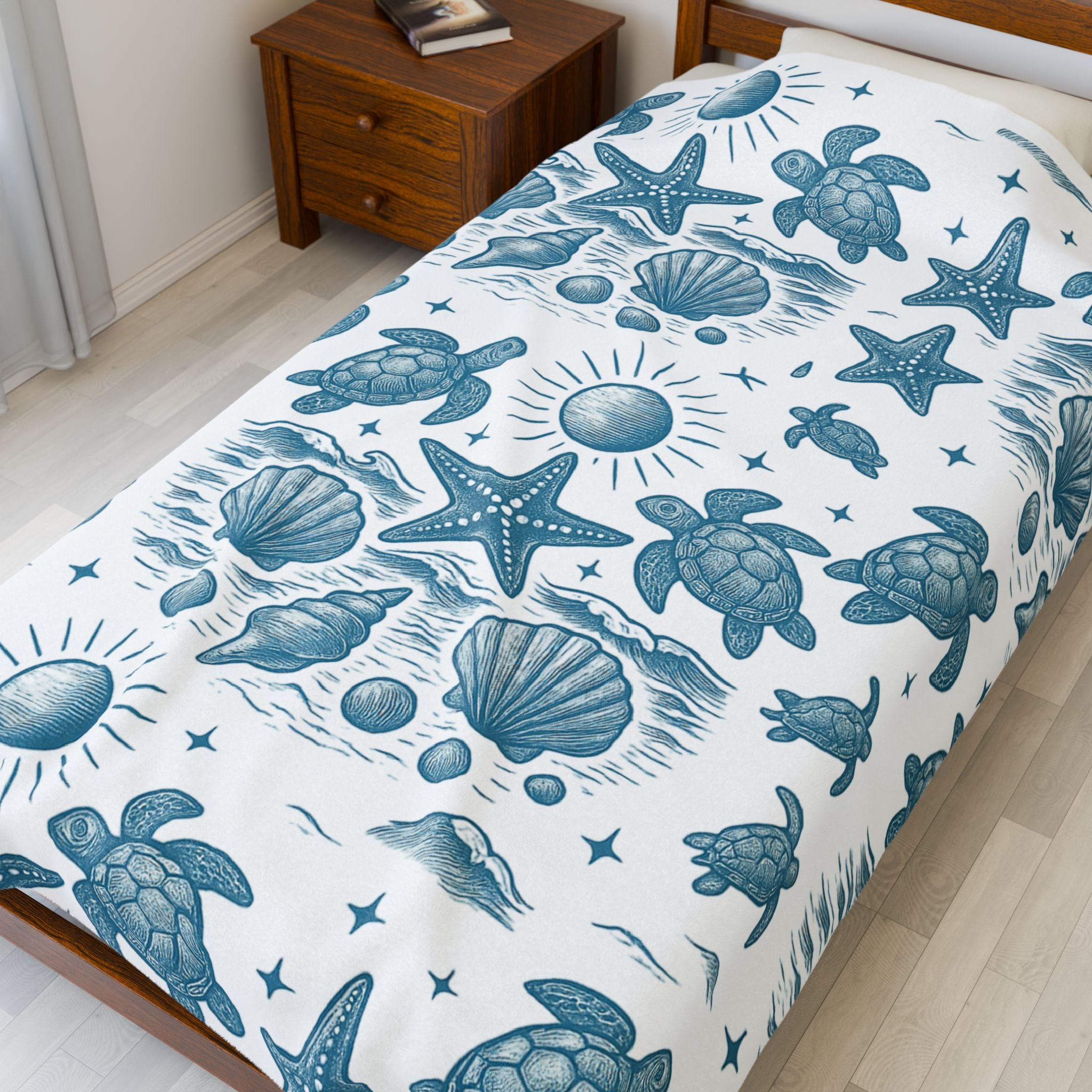 Cozy Coastal Velveteen Plush Blanket, Nautical Throw, Beach Decor, Ocean Vibe Gift, Turtle and Starfish Pattern