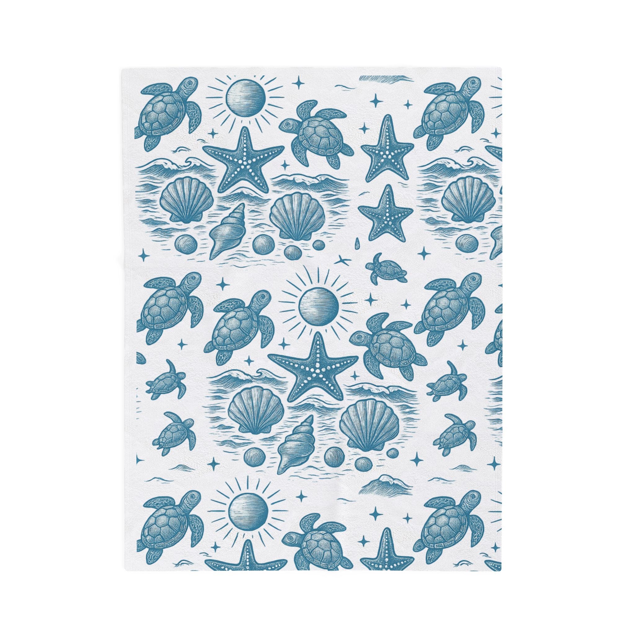 Cozy Coastal Velveteen Plush Blanket, Nautical Throw, Beach Decor, Ocean Vibe Gift, Turtle and Starfish Pattern