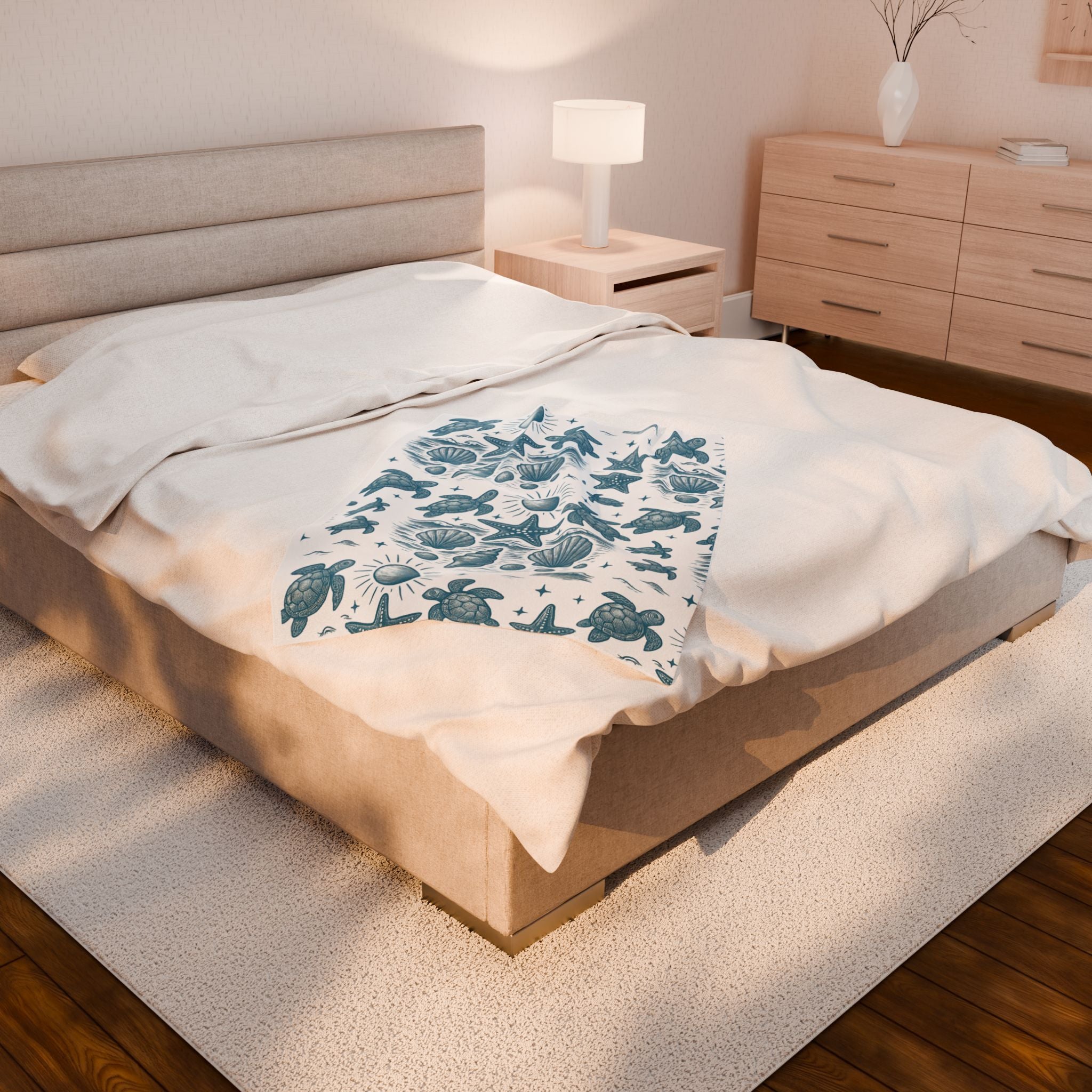 Cozy Coastal Velveteen Plush Blanket, Nautical Throw, Beach Decor, Ocean Vibe Gift, Turtle and Starfish Pattern