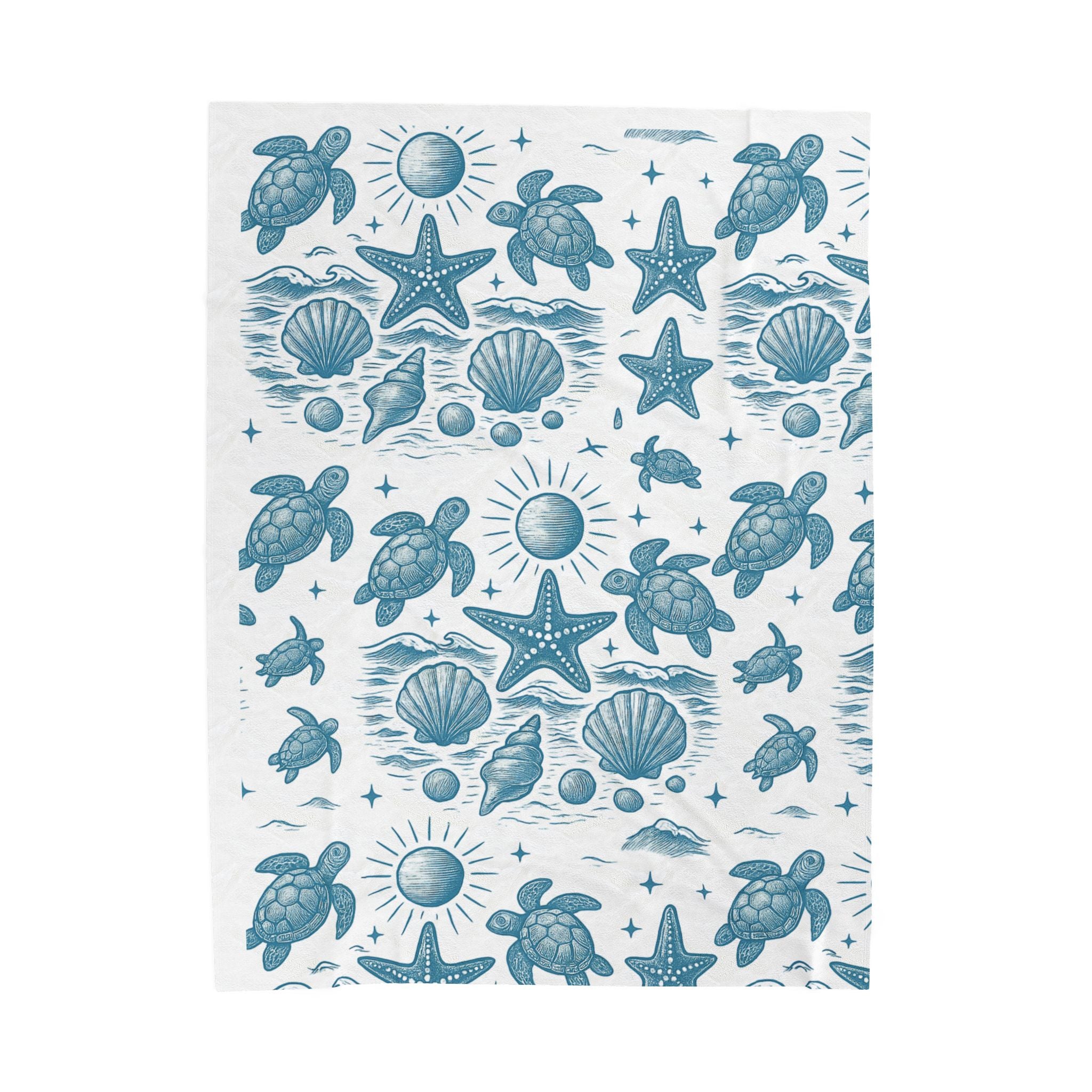 Cozy Coastal Velveteen Plush Blanket, Nautical Throw, Beach Decor, Ocean Vibe Gift, Turtle and Starfish Pattern