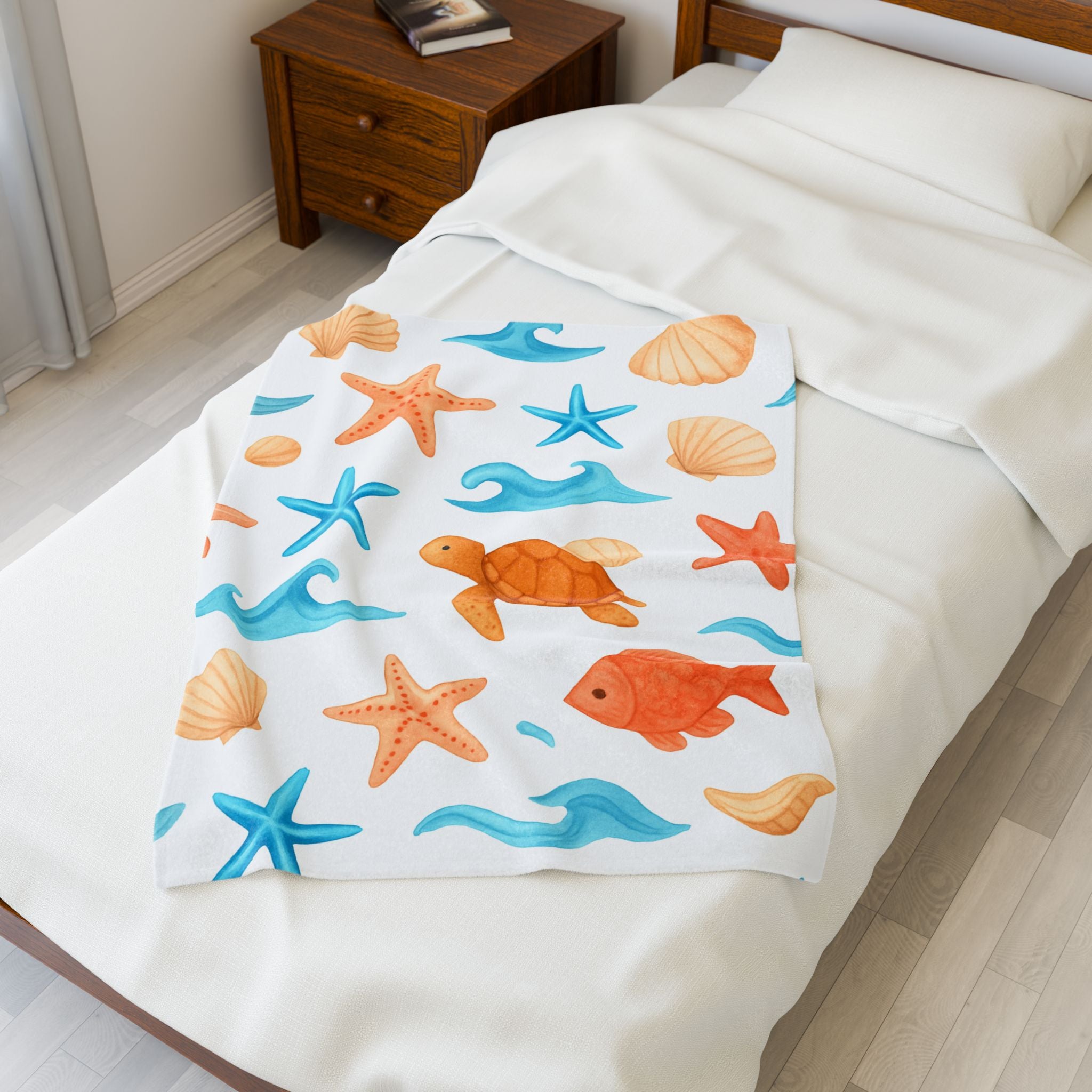 Beach Themed Velveteen Plush Blanket, Cozy Throw Blanket, Soft Home Decor, Summer Gift, Kids Beach Blanket, Nautical Blanket