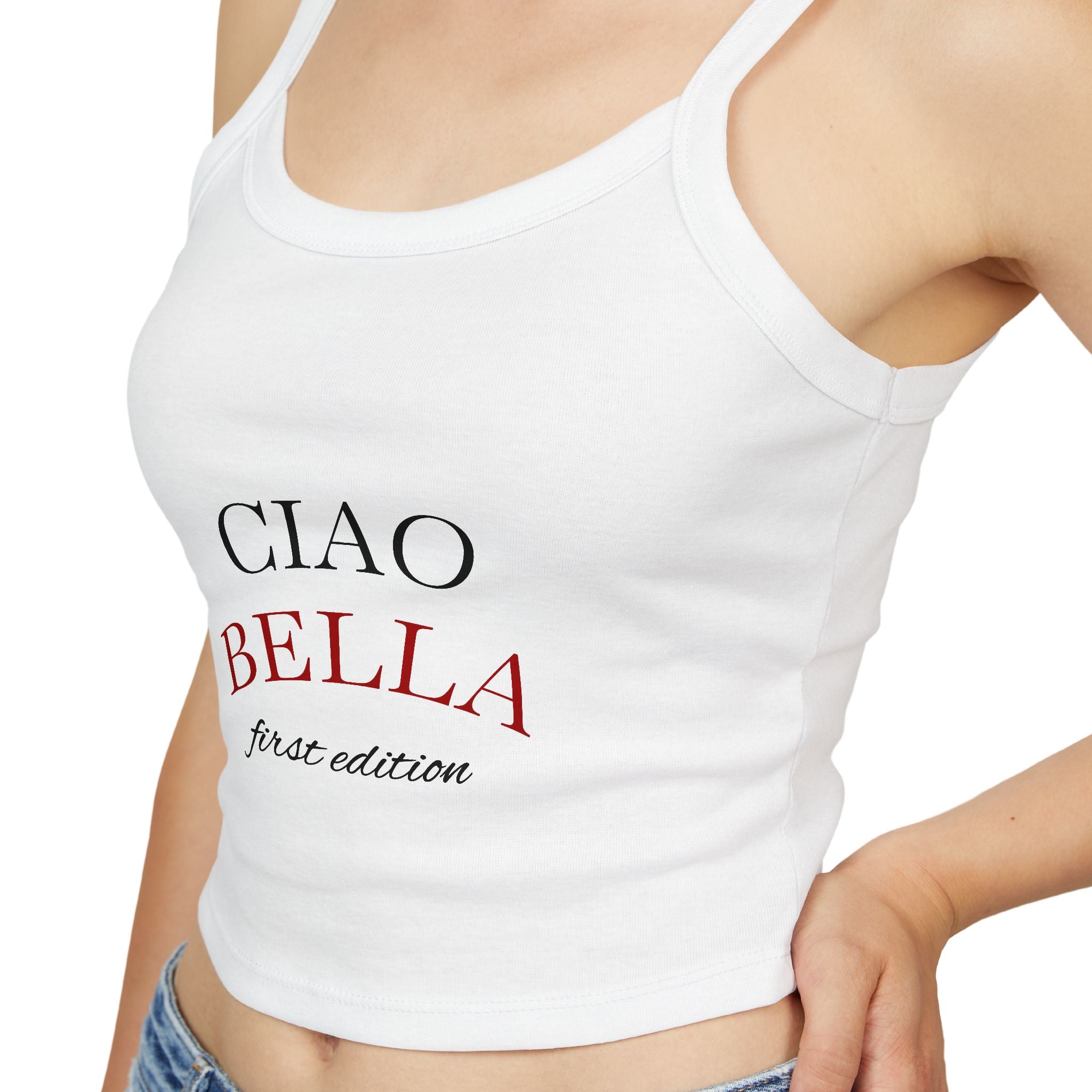 Women's Spaghetti Strap Tank Top - Ciao Bella Graphic Crop Top, Summer Fashion, Vacation Wear, Casual Style, Trendy Clothing