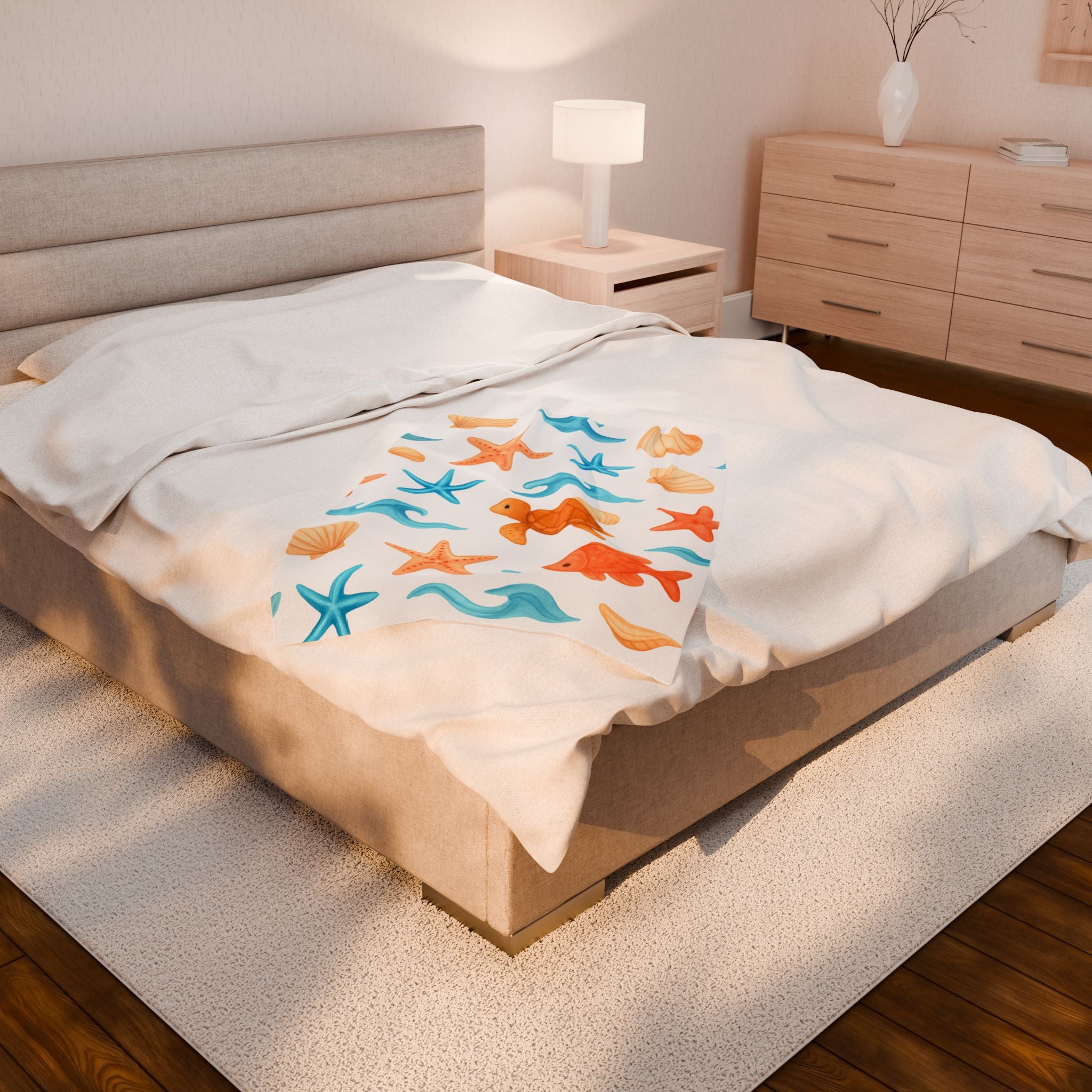 Beach Themed Velveteen Plush Blanket, Cozy Throw Blanket, Soft Home Decor, Summer Gift, Kids Beach Blanket, Nautical Blanket