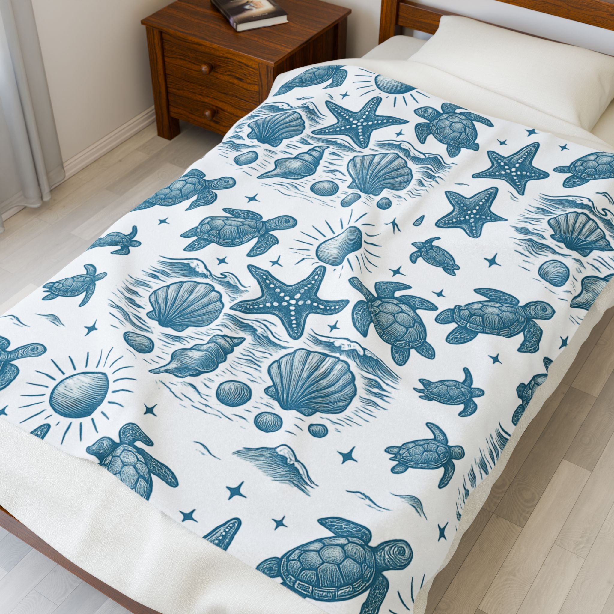Cozy Coastal Velveteen Plush Blanket, Nautical Throw, Beach Decor, Ocean Vibe Gift, Turtle and Starfish Pattern
