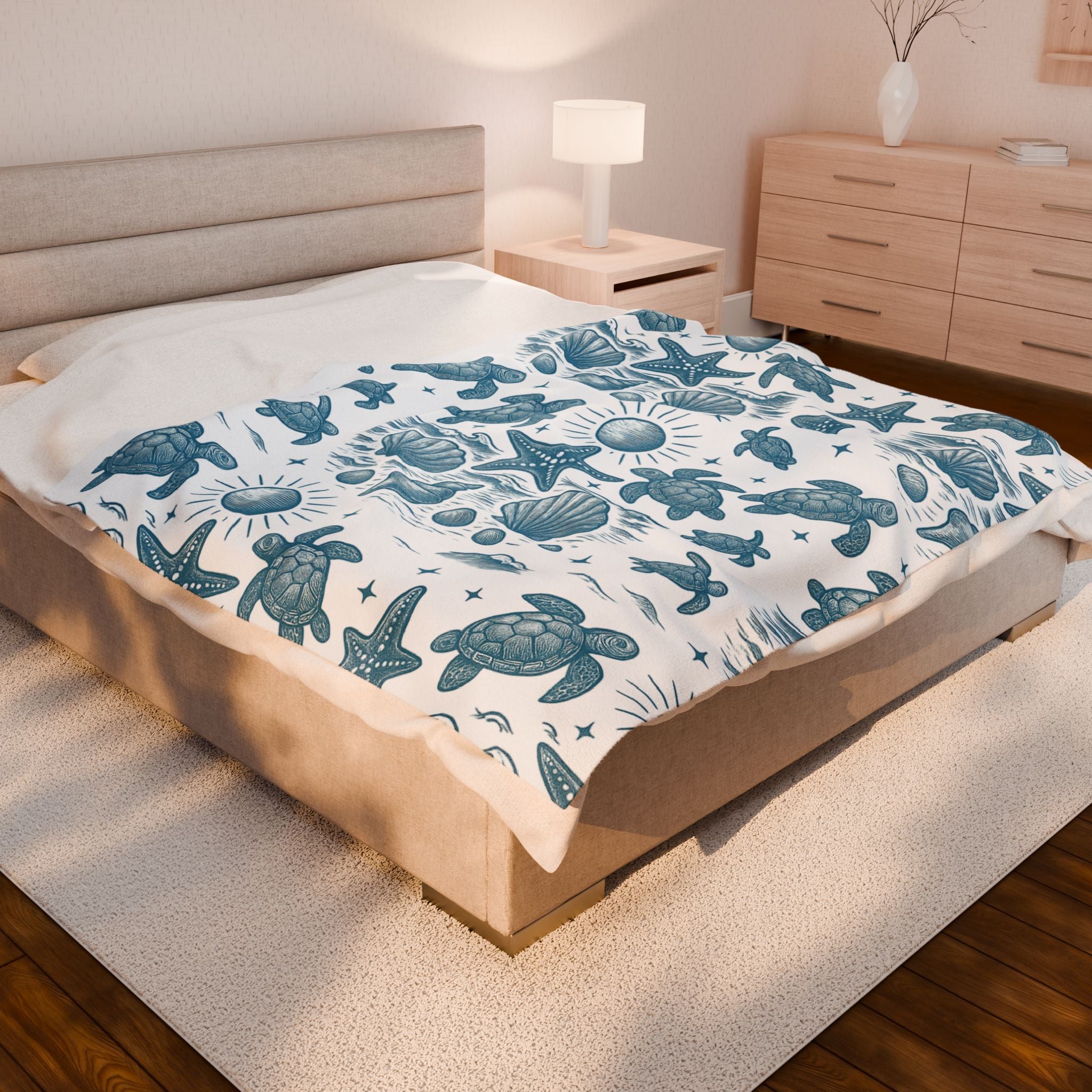 Cozy Coastal Velveteen Plush Blanket, Nautical Throw, Beach Decor, Ocean Vibe Gift, Turtle and Starfish Pattern