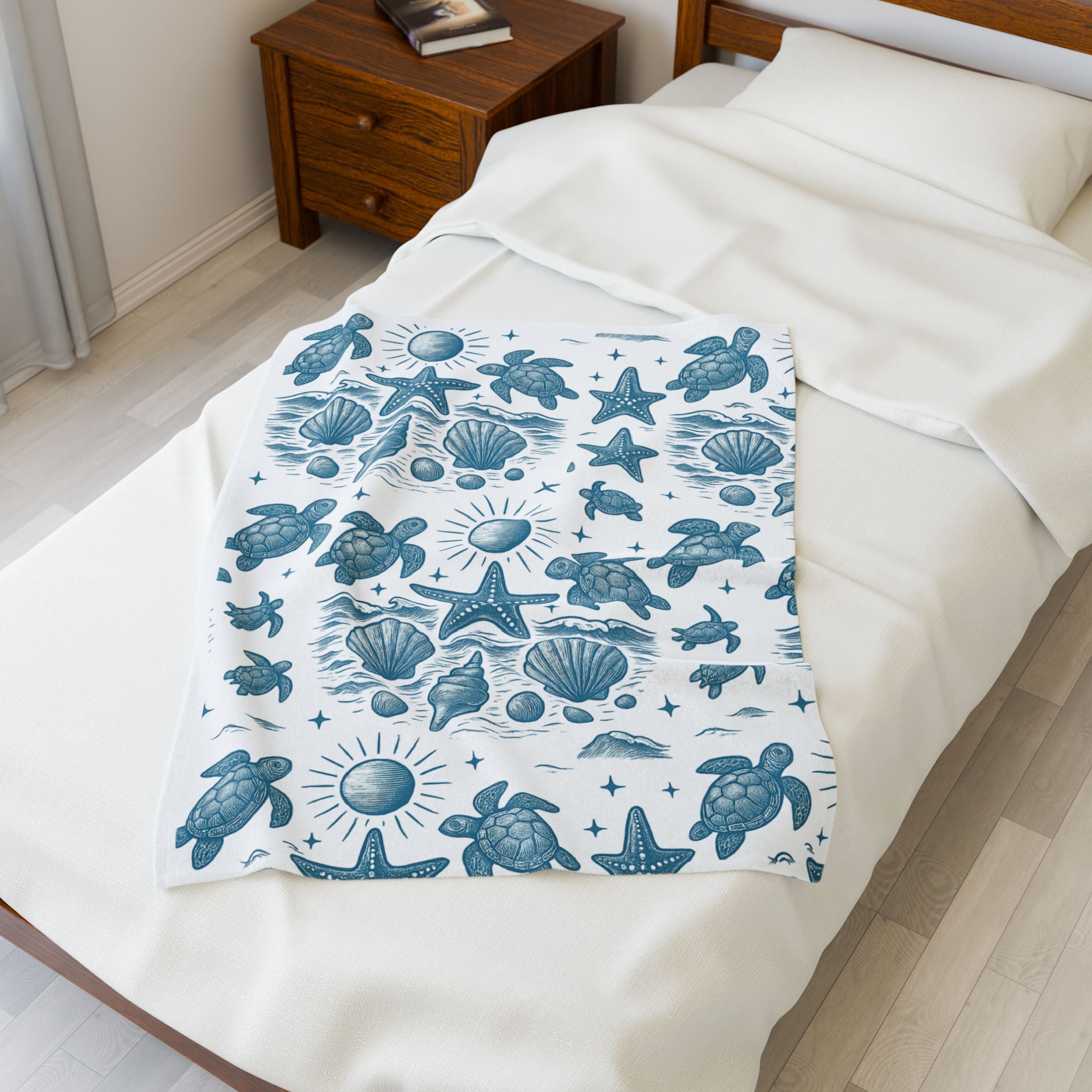 Cozy Coastal Velveteen Plush Blanket, Nautical Throw, Beach Decor, Ocean Vibe Gift, Turtle and Starfish Pattern