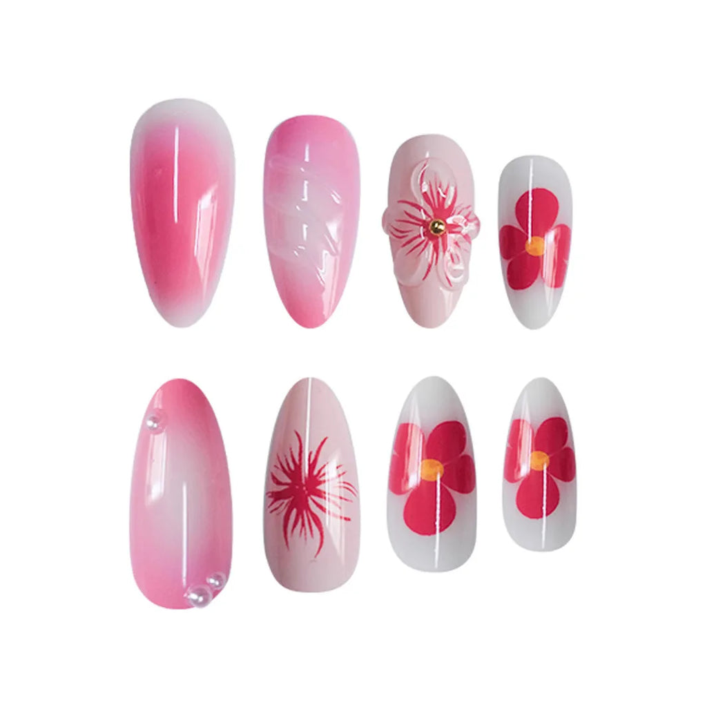 24pcs French Almond Press-On Nails – 3D Flower Design, Reusable Korean Fake Nail Tips