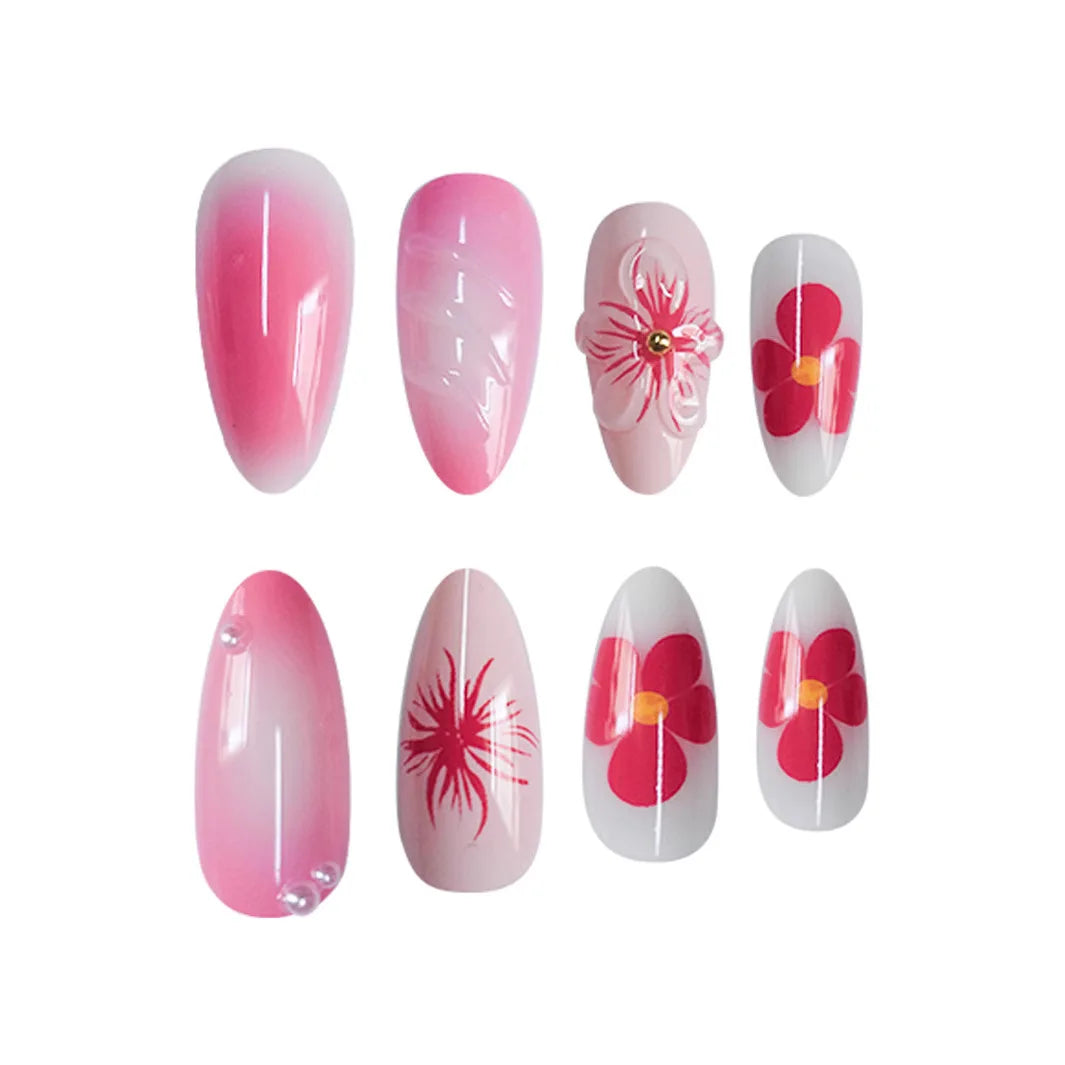 24pcs French Almond Press-On Nails – 3D Flower Design, Reusable Korean Fake Nail Tips