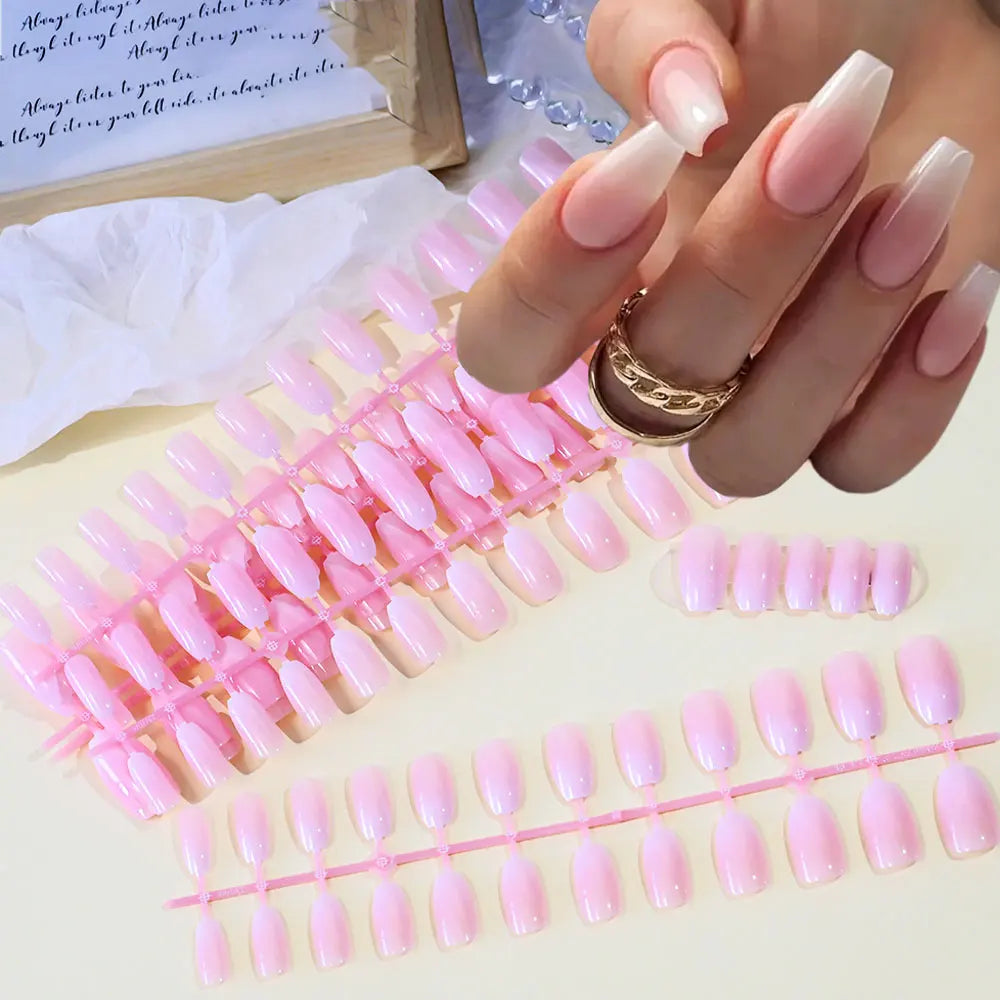120pcs Pink Ombre Coffin Press-On Nails – Glossy Handmade Acrylic Gradient False Nail Tips