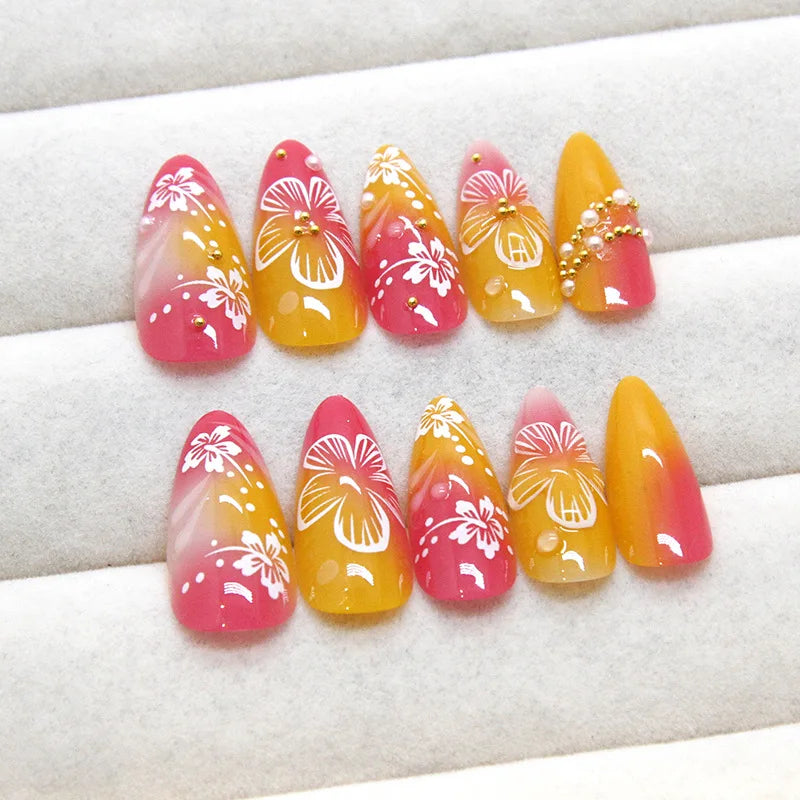 24pcs Almond Press-On Nails – White Flower Design, Full Cover Blush Pink Fake Nail Tips