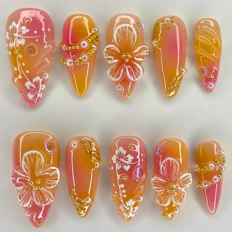 24pcs Almond Press-On Nails – White Flower Design, Full Cover Blush Pink Fake Nail Tips