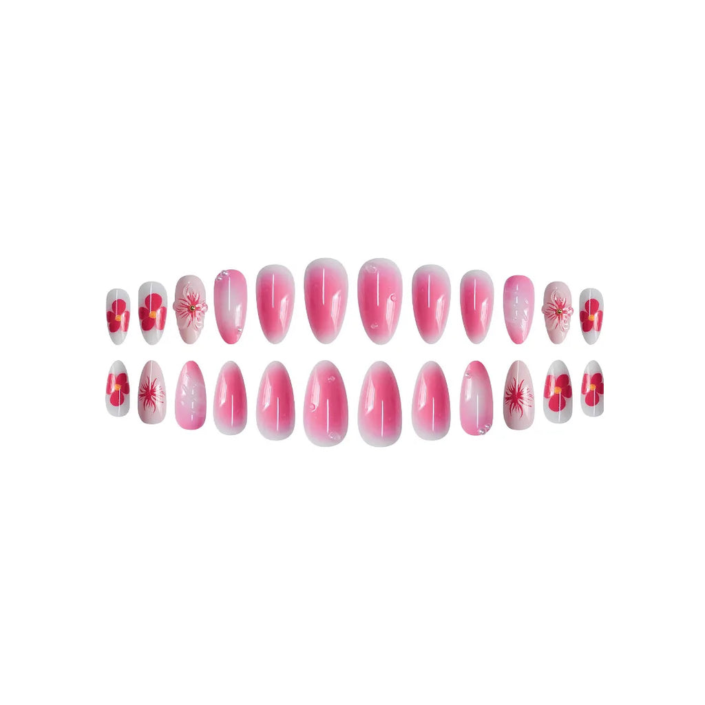 24pcs French Almond Press-On Nails – 3D Flower Design, Reusable Korean Fake Nail Tips