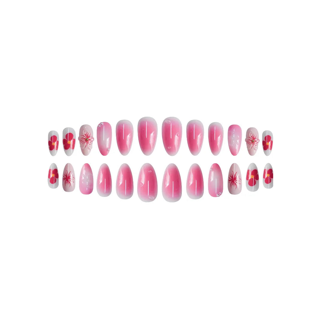 24pcs French Almond Press-On Nails – 3D Flower Design, Reusable Korean Fake Nail Tips