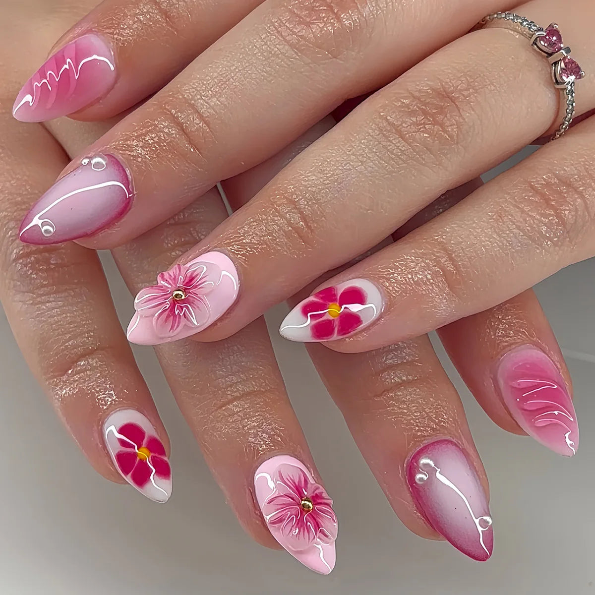 24pcs French Almond Press-On Nails – 3D Flower Design, Reusable Korean Fake Nail Tips