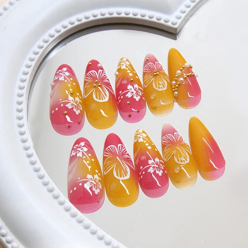 24pcs Almond Press-On Nails – White Flower Design, Full Cover Blush Pink Fake Nail Tips