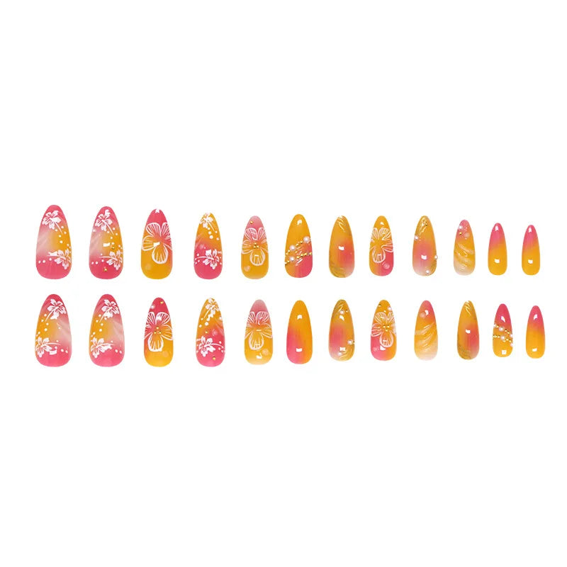 24pcs Almond Press-On Nails – White Flower Design, Full Cover Blush Pink Fake Nail Tips