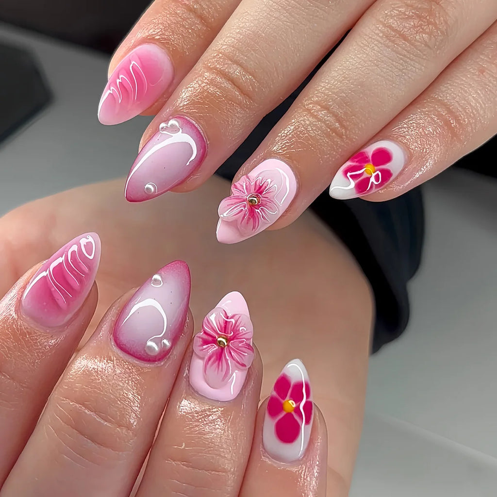 24pcs French Almond Press-On Nails – 3D Flower Design, Reusable Korean Fake Nail Tips