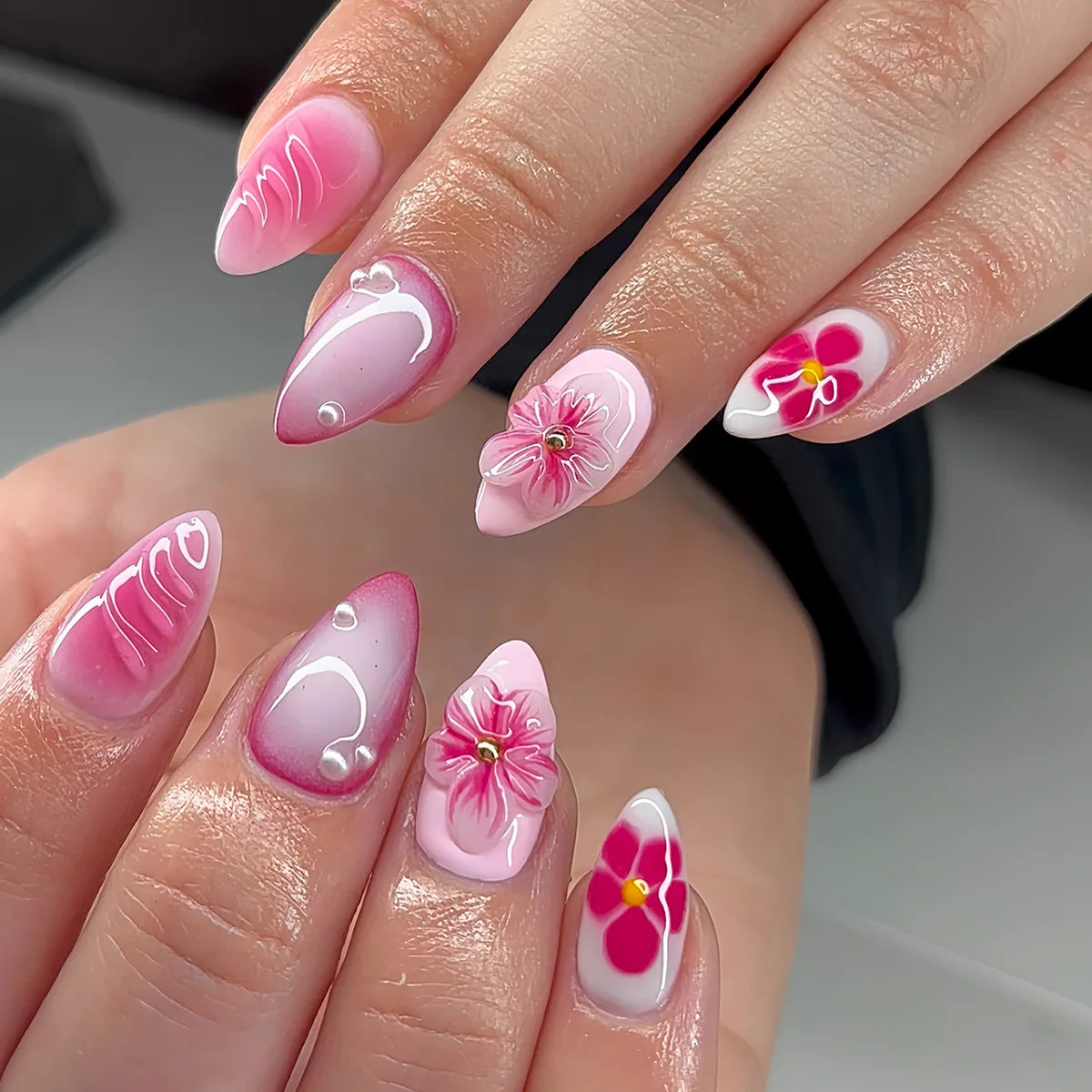 24pcs French Almond Press-On Nails – 3D Flower Design, Reusable Korean Fake Nail Tips